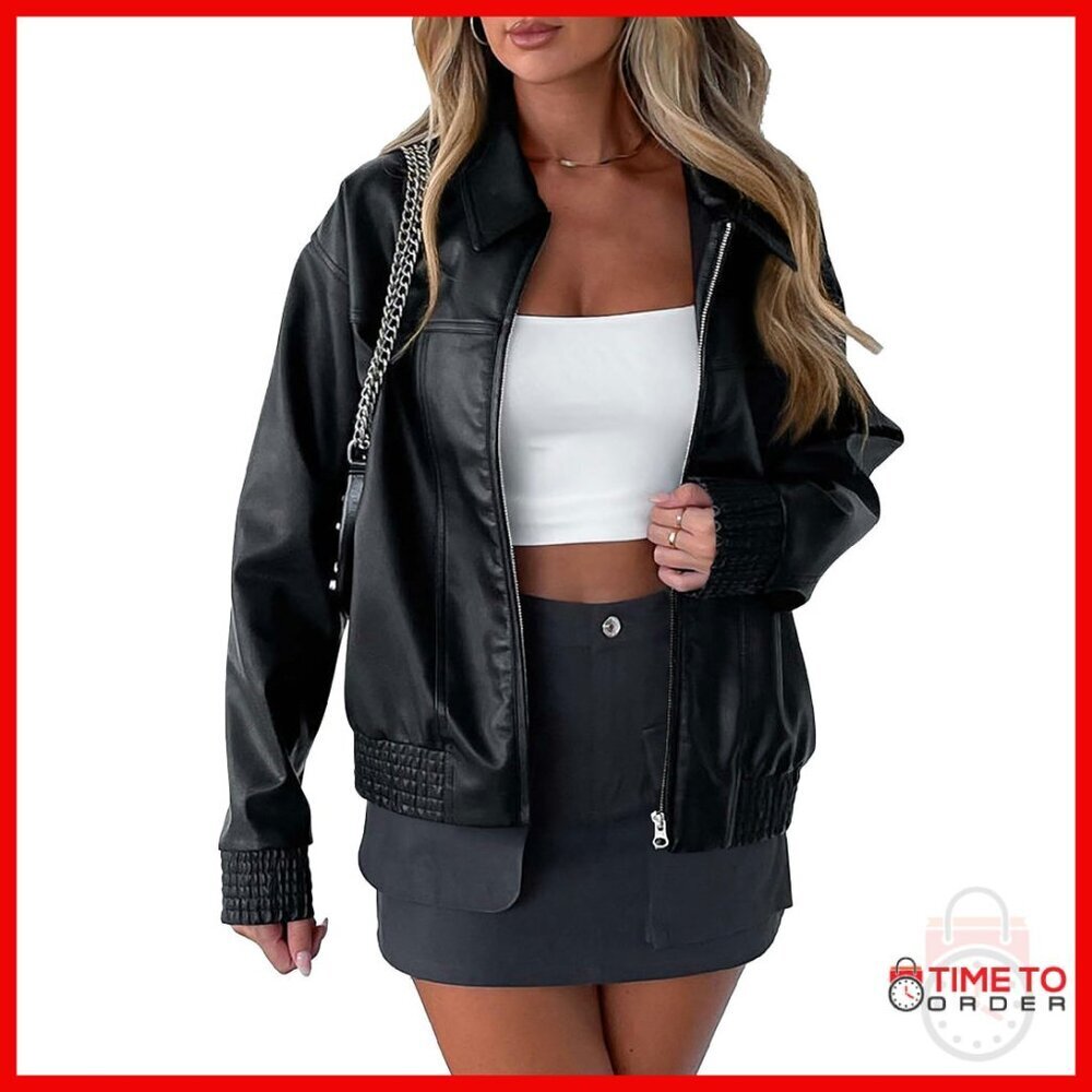 Women's Faux Leather Bomber Jacket Zip Up Motorcycle Coat Winter